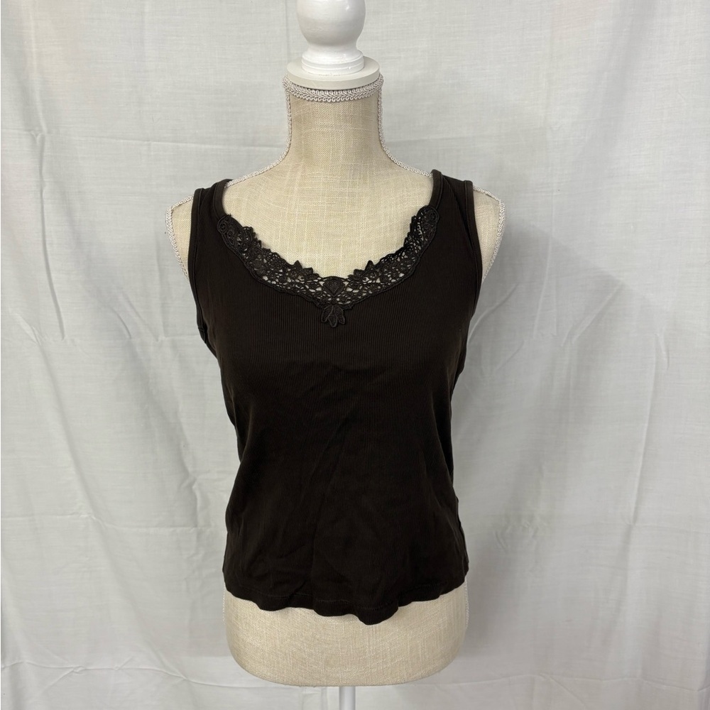 Y2K 90s Lauren Ralph Lauren Lace-Trim Brown Tank Top Ribbed Knit